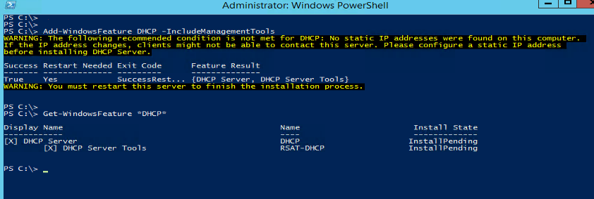 Add-WindowsFeature DHCP –IncludeManagementTools