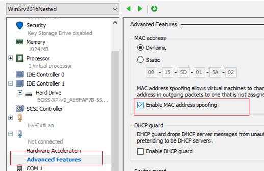hyper-v разрешить спуфинг mac адресов Enable MAC address spoofing