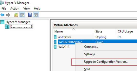 Upgrade Configuration Version обновить VM Hardware в hyper-v