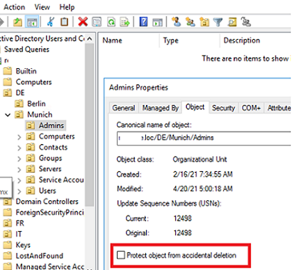 Protect object from accidental deletion - опция в свойствах OU Active Directory