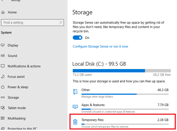 очитка диска в Windows 10 с помощью Storage Sense