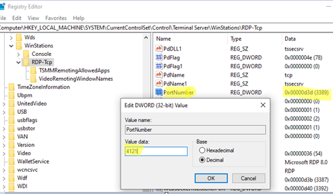 изменить порт RDP в Windows через параметр реестра PortNumber 