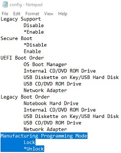конфигурационный файл для BIOS ноутбука HP, отключить Manufacturing Programming Mode