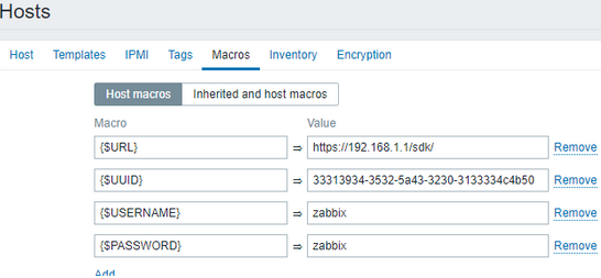 параметры подключения к VMware ESXi хосту в zabbix