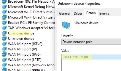 неизвестное сетевое устройство ROOT\NET\0000