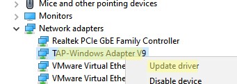 обновить драйвер TAP Windows Adapter v9