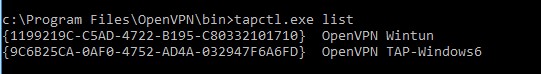 tapctl.exe list вывести список openvpn адаптеров