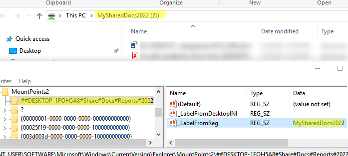ветка MountPoints2 в реестре содержит отображаемое имя сетевого диска