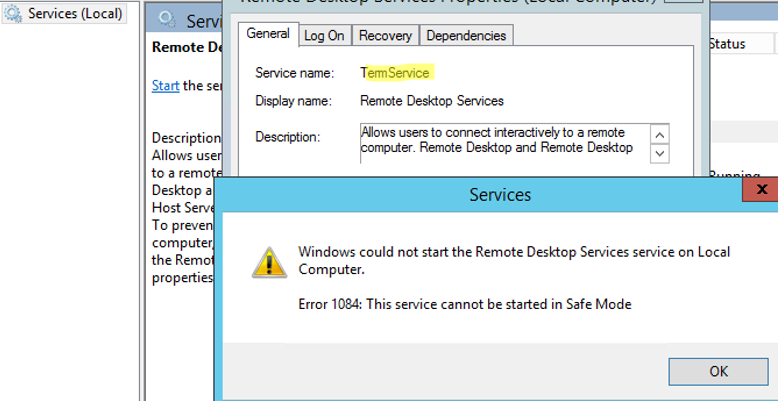 Windows could not start the service on Local Computer. Error 1084: This service cannot be started in Safe Mode.