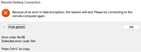 Ошибка RDP: Этот сеанс будет прекращен из-за ошибки шифрования данных