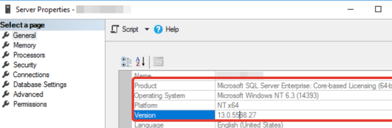 Версия SQL Server в свойствах инстанса