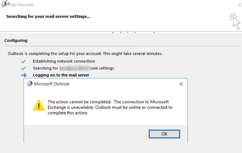Outlook: Отсутствует подключение к Microsoft Exchange