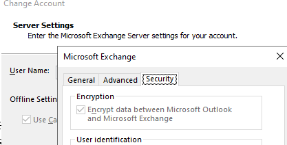Проверьте настройки шифрования подключения к Exchange в Outlook