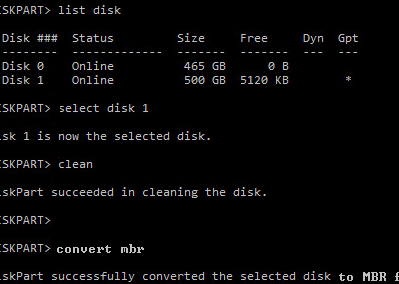 командная строка - diskpart конвертация диска из gpt в mbr