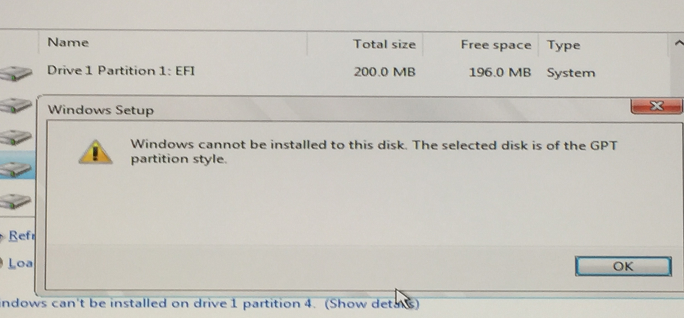 Установка Windows на данный диск невозможна. Выбранный диск имеет стиль разделов GPT.