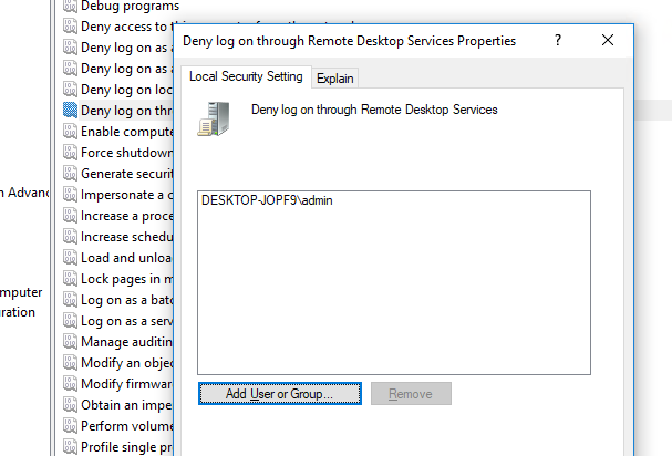 Политика: Deny log on through Remote Desktop Service - запретить удаленный RDP вход 