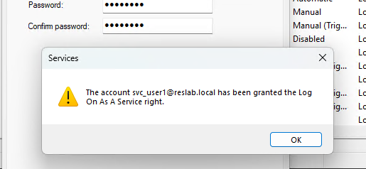 учетной записи даны права входа в качестве службы
