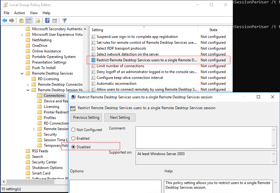 Групповая политика: Ограничить пользователей служб удаленных рабочих столов одним сеансом служб удаленных рабочих столов