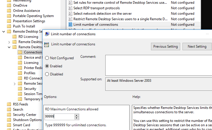 Политика ограничения количества RD подключений