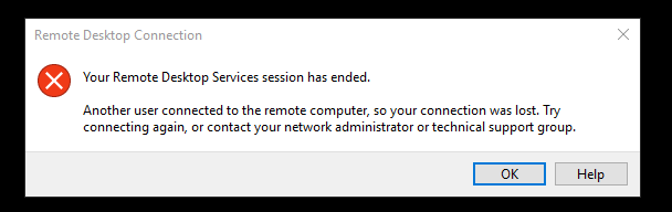 Ваш сеанс работы со службами удаленных рабочих столов завершен. Подключение потеряно, потому подключился другой пользователь