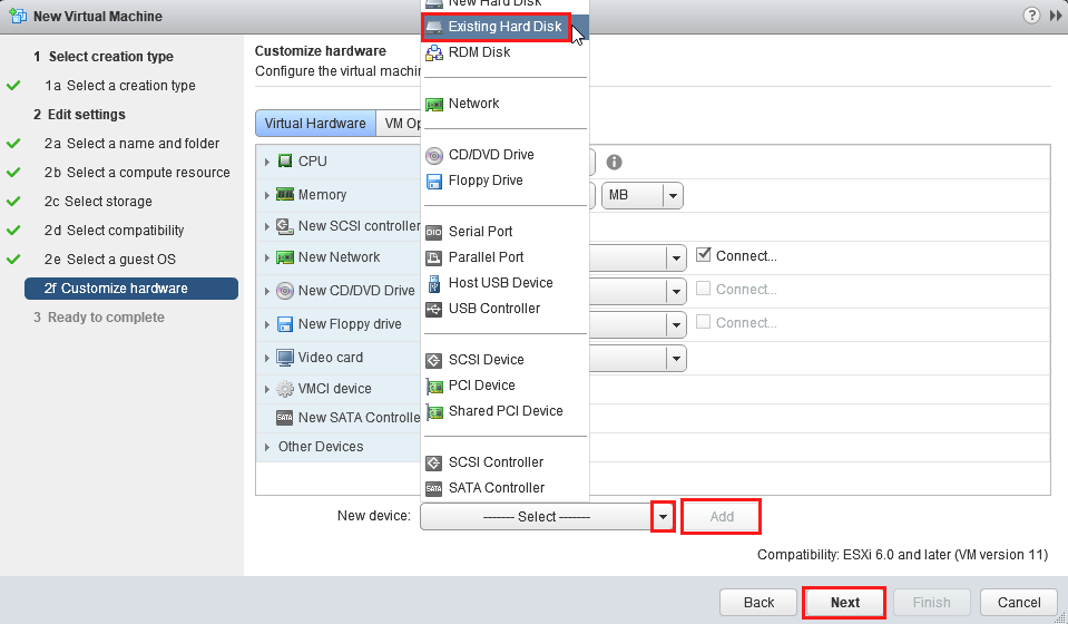 Подключить имеющийся vmdk диск в Vmware Existing Hard Disk 