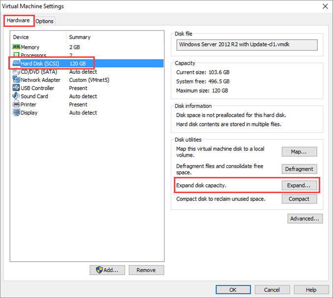 Расшрить виртуальный диск в VMware Workstation (Expand)