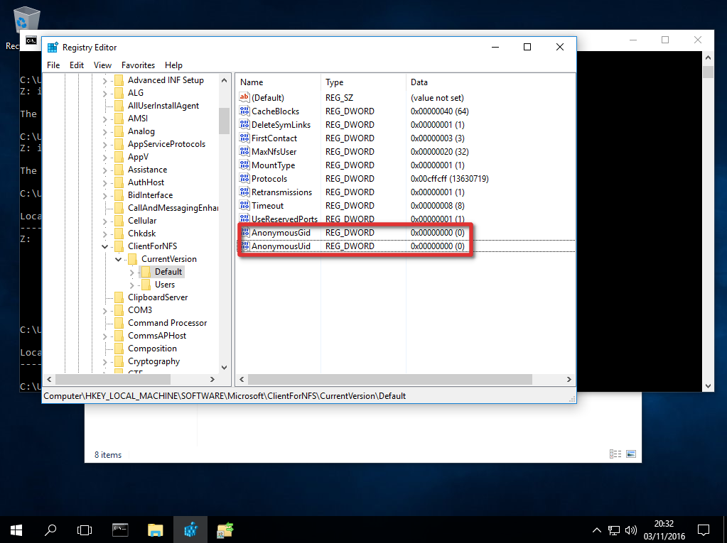 Настройка AnonymousUid и AnonymousGid для NFS в Windows 10 