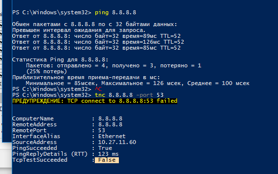 проверка доступности dns серверами командами ping и Test-NetConnection 