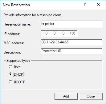 Настройка параметров DHCP резервации адреса