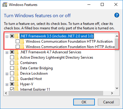 Установка NET Framework 3.5 (includes .NET 2.0 and 3.0)